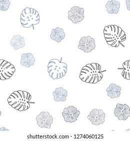 Dark BLUE vector seamless doodle background with flowers, leaves. Leaves, flowers in natural style on white background. Template for business cards, websites.