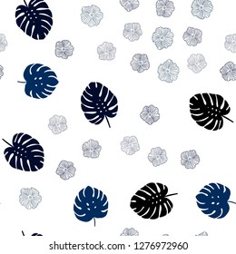Dark BLUE vector seamless doodle pattern with flowers, leaves. Colorful illustration in doodle style with leaves, flowers. Design for textile, fabric, wallpapers.
