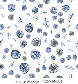 Dark BLUE vector seamless doodle background with leaves and flowers. Leaves, flowers in natural style on white background. Pattern for design of fabric, wallpapers.