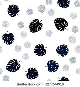 Dark BLUE vector seamless doodle backdrop with flowers, leaves. Leaves and flowers with gradient on white background. Texture for window blinds, curtains.