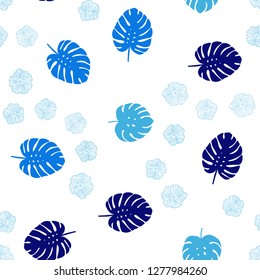 Dark BLUE vector seamless doodle texture with flowers, leaves. Decorative design in Indian style on white background. Pattern for design of fabric, wallpapers.