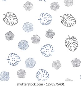 Dark BLUE vector seamless doodle pattern with flowers, leaves. Sketchy doodles on white background. Design for textile, fabric, wallpapers.