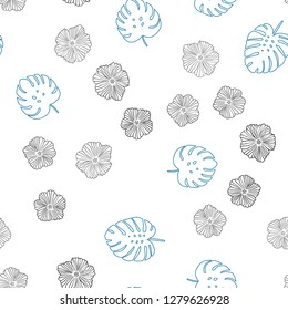 Dark BLUE vector seamless doodle texture with flowers, leaves. Colorful illustration in doodle style with leaves, flowers. Design for textile, fabric, wallpapers.