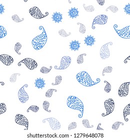Dark BLUE vector seamless doodle template with leaves and flowers. Decorative design in Indian style on white background. Pattern for design of fabric, wallpapers.