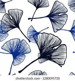 Dark BLUE vector seamless doodle pattern with leaves. Glitter abstract illustration with doodles and leaves. Texture for window blinds, curtains.