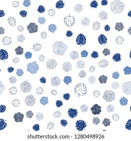 Dark BLUE vector seamless doodle pattern with leaves, flowers. Brand new colored illustration with leaves and flowers. Pattern for trendy fabric, wallpapers.
