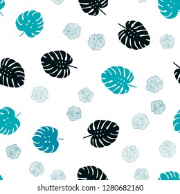 Dark BLUE vector seamless doodle pattern with flowers, leaves. Leaves and flowers with gradient on white background. Template for business cards, websites.