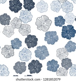 Dark BLUE vector seamless doodle texture with flowers. Sketchy doodle flowers on white background. Pattern for design of fabric, wallpapers.