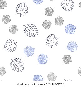 Dark BLUE vector seamless doodle background with flowers, leaves. Leaves, flowers in natural style on white background. Pattern for trendy fabric, wallpapers.