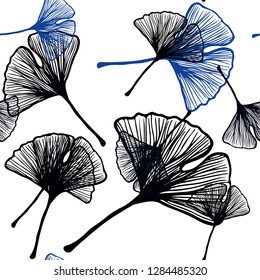 Dark BLUE vector seamless doodle background with leaves. Sketchy doodles with leaves on blurred background. Pattern for design of fabric, wallpapers.