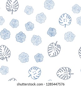 Dark BLUE vector seamless doodle pattern with flowers, leaves. An elegant bright illustration with leaves and flowers. Pattern for design of fabric, wallpapers.