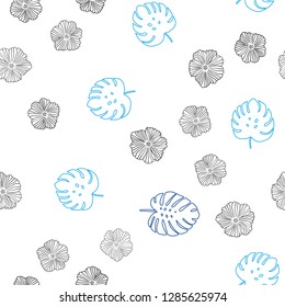 Dark BLUE vector seamless doodle background with flowers, leaves. Sketchy doodles on white background. Design for textile, fabric, wallpapers.