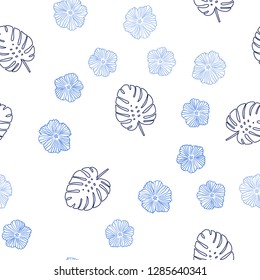 Dark BLUE vector seamless doodle pattern with flowers, leaves. Doodle illustration of leaves and flowers in Origami style. Design for textile, fabric, wallpapers.