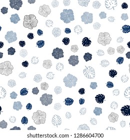Dark BLUE vector seamless doodle layout with leaves, flowers. Doodle illustration of leaves and flowers in Origami style. Texture for window blinds, curtains.