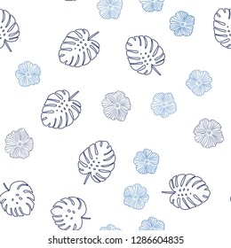 Dark BLUE vector seamless doodle backdrop with flowers, leaves. Colorful illustration in doodle style with leaves, flowers. Design for textile, fabric, wallpapers.