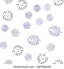 Dark BLUE vector seamless doodle pattern with flowers, leaves. Glitter abstract illustration with leaves and flowers. Template for business cards, websites.