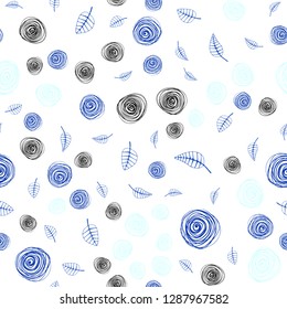 Dark BLUE vector seamless doodle background with leaves and flowers. Shining colored illustration with leaves and flowers. Texture for window blinds, curtains.