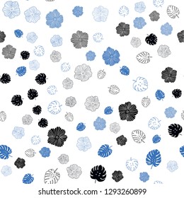Dark BLUE vector seamless doodle template with leaves, flowers. Glitter abstract illustration with leaves and flowers. Design for textile, fabric, wallpapers.