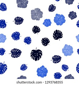 Dark BLUE vector seamless doodle background with flowers, leaves. Illustration with doodles on abstract template. Texture for window blinds, curtains.