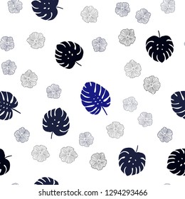Dark BLUE vector seamless doodle layout with flowers, leaves. Colorful abstract illustration with leaves in doodle style. Texture for window blinds, curtains.