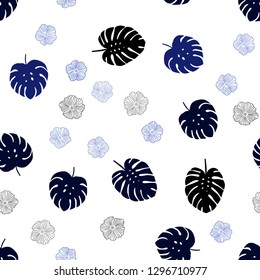 Dark BLUE vector seamless doodle backdrop with flowers, leaves. Creative illustration in blurred style with leaves, flowers. Template for business cards, websites.