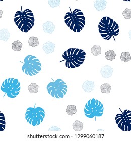 Dark BLUE vector seamless doodle pattern with flowers, leaves. Creative illustration in blurred style with leaves, flowers. Texture for window blinds, curtains.
