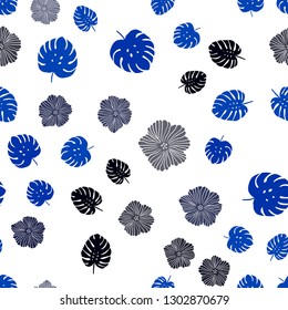 Dark BLUE vector seamless doodle background with flowers, leaves. Colorful abstract illustration with leaves in doodle style. Texture for window blinds, curtains.
