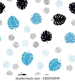 Dark BLUE vector seamless doodle pattern with flowers, leaves. Leaves, flowers in natural style on white background. Pattern for trendy fabric, wallpapers.