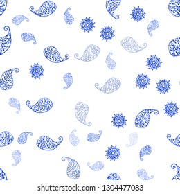 Dark BLUE vector seamless doodle background with leaves and flowers. Colorful abstract illustration with leaves in doodle style. Design for wallpaper, fabric makers.