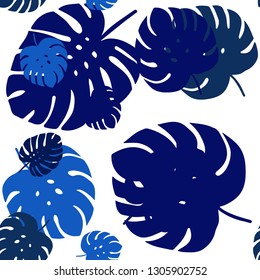 Dark BLUE vector seamless doodle background with leaves. Sketchy doodles with leaves on blurred background. Design for textile, fabric, wallpapers.