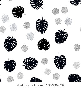 Dark BLUE vector seamless doodle template with flowers, leaves. Colorful illustration in doodle style with leaves, flowers. Design for textile, fabric, wallpapers.