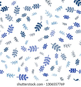 Dark BLUE vector seamless doodle template with leaves, branches. Decorative design in Indian style on white background. Pattern for design of fabric, wallpapers.