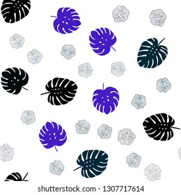 Dark BLUE vector seamless doodle pattern with flowers, leaves. Abstract illustration with leaves, flowers in doodles style. Texture for window blinds, curtains.