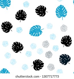 Dark BLUE vector seamless doodle background with flowers, leaves. Modern abstract illustration with leaves and flowers. Texture for window blinds, curtains.