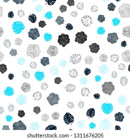 Dark BLUE vector seamless doodle pattern with leaves, flowers. Leaves, flowers in natural style on white background. Texture for window blinds, curtains.