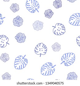 Dark BLUE vector seamless doodle background with flowers, leaves. Colorful illustration in doodle style with leaves, flowers. Texture for window blinds, curtains.