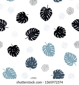 Dark BLUE vector seamless doodle template with flowers, leaves. Colorful illustration in doodle style with leaves, flowers. Design for textile, fabric, wallpapers.