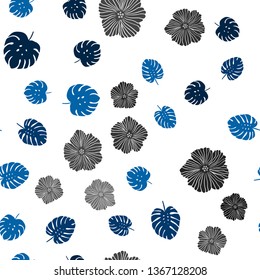 Dark BLUE vector seamless doodle background with flowers, leaves. Sketchy doodles on white background. Pattern for trendy fabric, wallpapers.