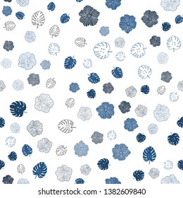 Dark BLUE vector seamless doodle pattern with leaves, flowers. Doodle illustration of leaves and flowers in Origami style. Texture for window blinds, curtains.