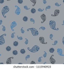 Dark BLUE vector seamless elegant wallpaper with leaves and flowers. Decorative design in Indian style on white background. A new texture for your wallpaper design.