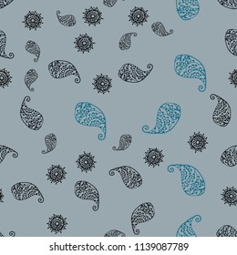 Dark BLUE vector seamless elegant wallpaper with leaves and flowers. Sketchy doodles on white background. Pattern for heads of websites and designs.