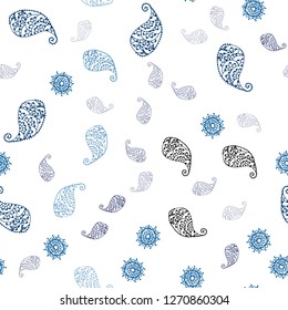 Dark BLUE vector seamless elegant wallpaper with leaves and flowers. Decorative design in Indian style on white background. Pattern for design of fabric, wallpapers.