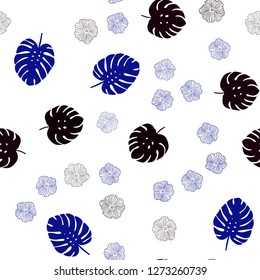 Dark BLUE vector seamless elegant template with flowers, leaves. Colorful abstract illustration with leaves in doodle style. Template for business cards, websites.