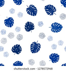 Dark BLUE vector seamless elegant pattern with flowers, leaves. Colorful abstract illustration with leaves in doodle style. Template for business cards, websites.