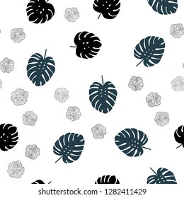Dark BLUE vector seamless elegant wallpaper with flowers, leaves. Leaves and flowers with gradient on white background. Template for business cards, websites.