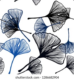 Dark BLUE vector seamless elegant wallpaper with leaves. A vague abstract illustration with leaves in doodles style. Pattern for design of fabric, wallpapers.