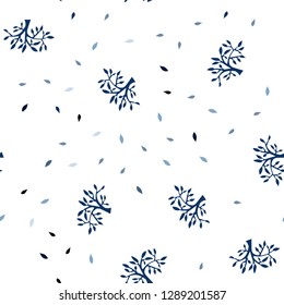 Dark BLUE vector seamless elegant template with leaves, branches. Abstract illustration with leaves, branches in doodles style. Pattern for design of fabric, wallpapers.