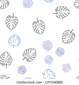 Dark BLUE vector seamless elegant background with flowers, leaves. Colorful illustration in doodle style with leaves, flowers. Design for textile, fabric, wallpapers.