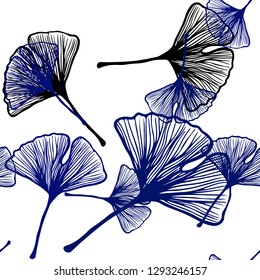 Dark BLUE vector seamless elegant template with leaves. Doodle illustration of leaves in Origami style with gradient. Texture for window blinds, curtains.