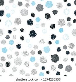 Dark BLUE vector seamless elegant template with leaves, flowers. Leaves, flowers in natural style on white background. Design for textile, fabric, wallpapers.